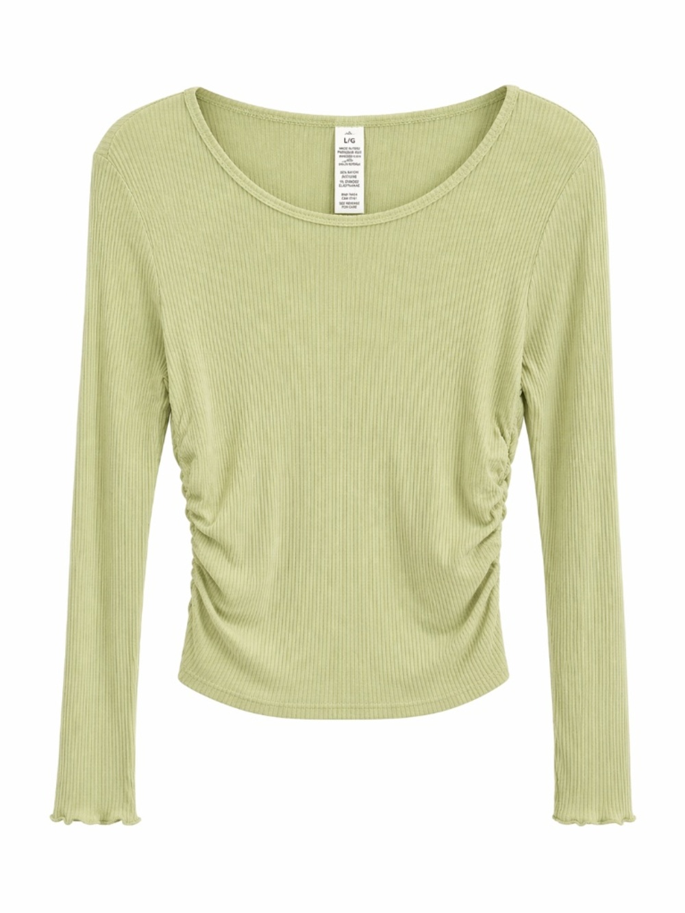 Alo Yoga Ribbed Long Sleeve Top Size Large Light Green Ruched Side Stretch Shirt